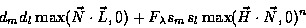 \begin{displaymath}d_{m} d_{l} \max(\vec{N} \cdot \vec{L},0) + F_{\lambda} s_{m} s_{l} \max(\vec{H} \cdot \vec{N},0)^{n}
\end{displaymath}